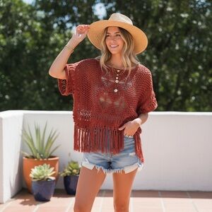 Atmosphere Boho Chic Terracotta Crochet Fringe Poncho Top - Small